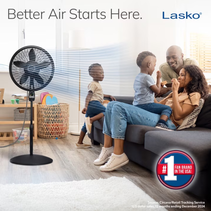 Lasko Cyclone 18" Quiet Oscillating Pedestal Fan with Remote, Timer, Adjustable Height for Whole Room Cooling, Black, 1843