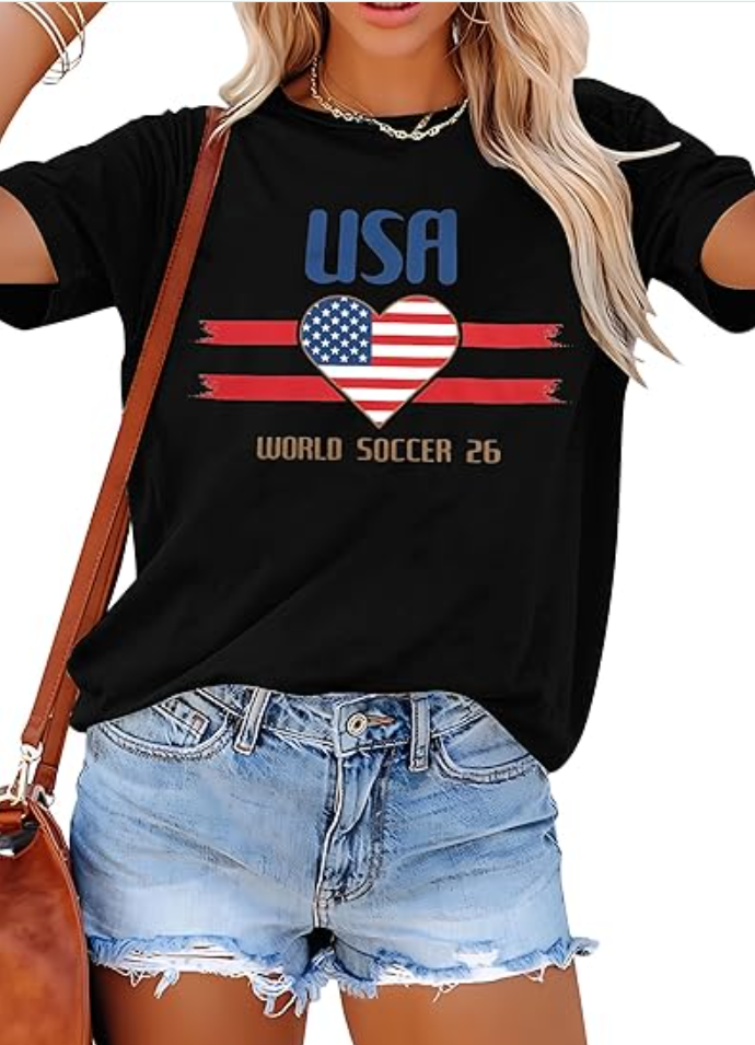 Soccer Cup 2026 Shirt for Women Country Football Shirt USA World Cup Flag Heart Printed Short Sleeve Shirt