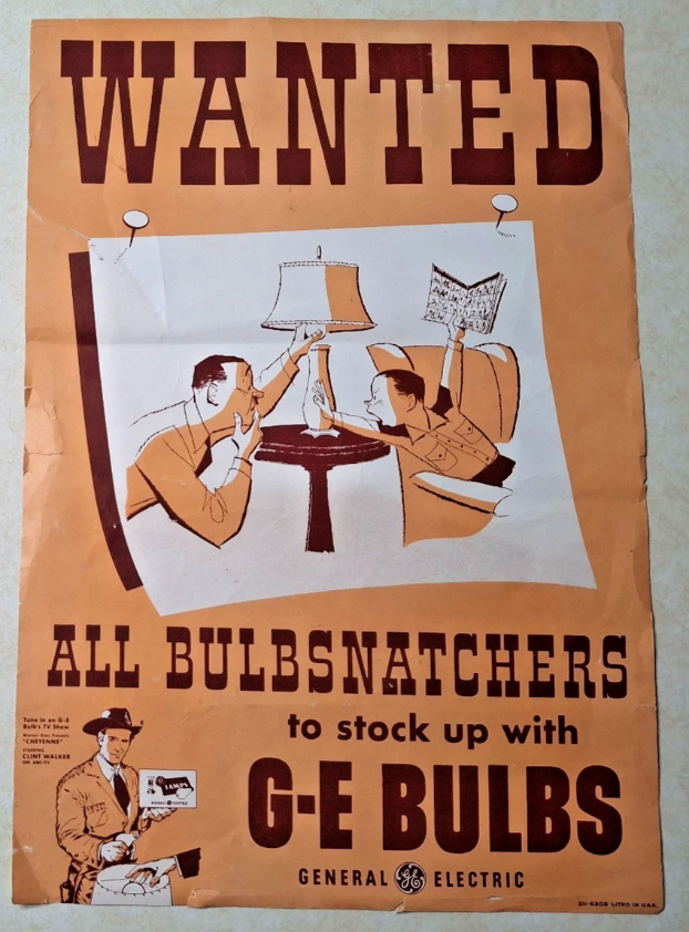 Vintage GE General Electric Light Bulb Poster Ad Clint Walker Cheyenne 1950s MCM
