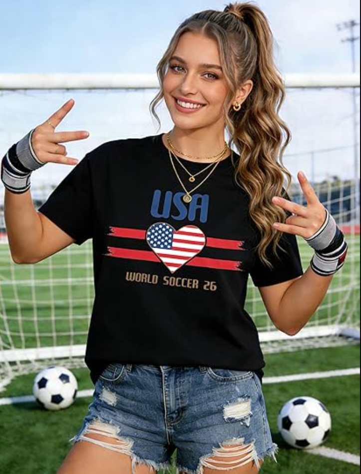Soccer Cup 2026 Shirt for Women Country Football Shirt USA World Cup Flag Heart Printed Short Sleeve Shirt