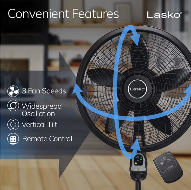 Lasko Cyclone 18" Quiet Oscillating Pedestal Fan with Remote, Timer, Adjustable Height for Whole Room Cooling, Black, 1843