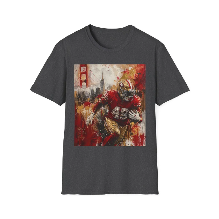 San Francisco 49ers Football Player T-Shirt Golden Gate Skyline, Team Colors Artwork SF 49ers Tee