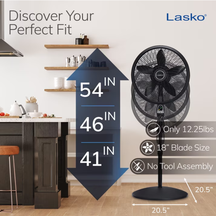 Lasko Cyclone 18" Quiet Oscillating Pedestal Fan with Remote, Timer, Adjustable Height for Whole Room Cooling, Black, 1843