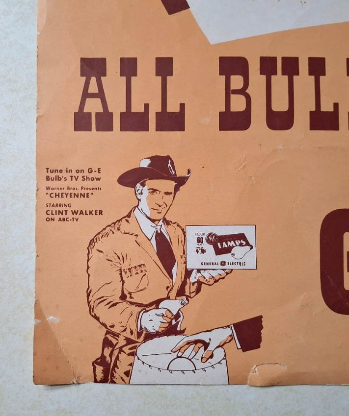 Vintage GE General Electric Light Bulb Poster Ad Clint Walker Cheyenne 1950s MCM