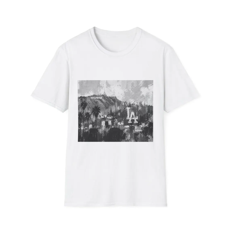 Los Angeles Dodgers Skyline Art T-Shirt Hollywood Sign Palm Trees Retro Cityscape Tee