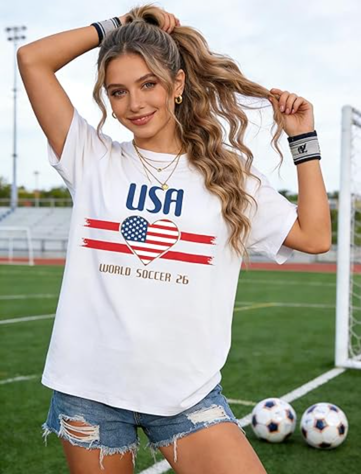 Soccer Cup 2026 Shirt for Women Country Football Shirt USA World Cup Flag Heart Printed Short Sleeve Shirt