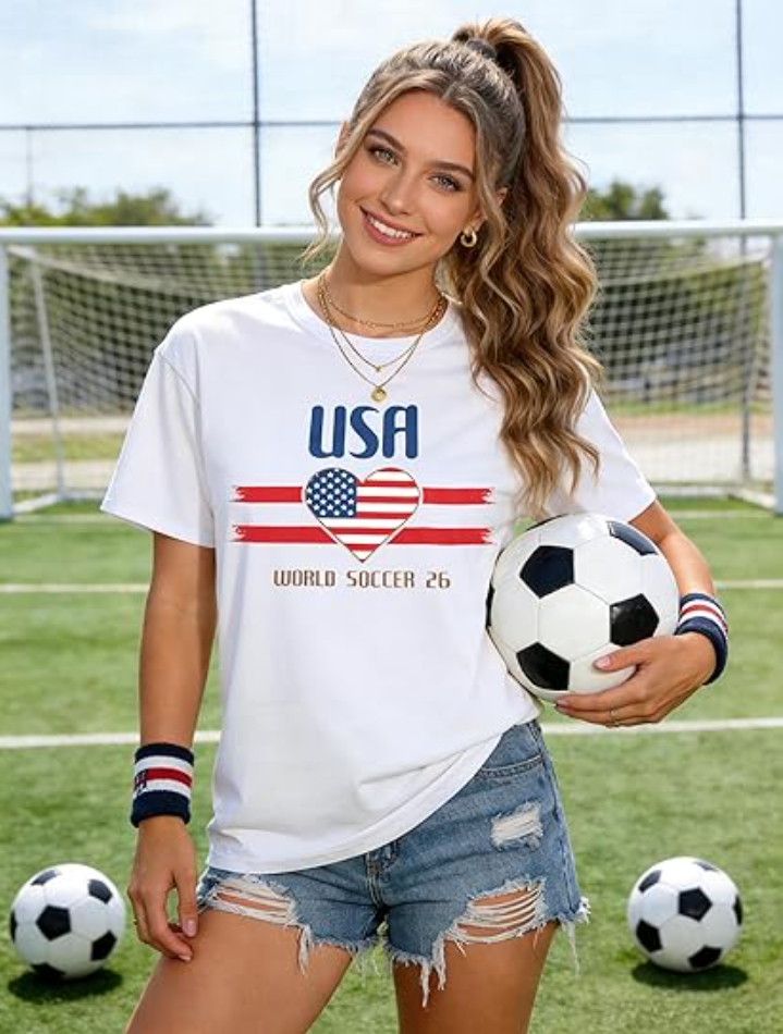 Soccer Cup 2026 Shirt for Women Country Football Shirt USA World Cup Flag Heart Printed Short Sleeve Shirt