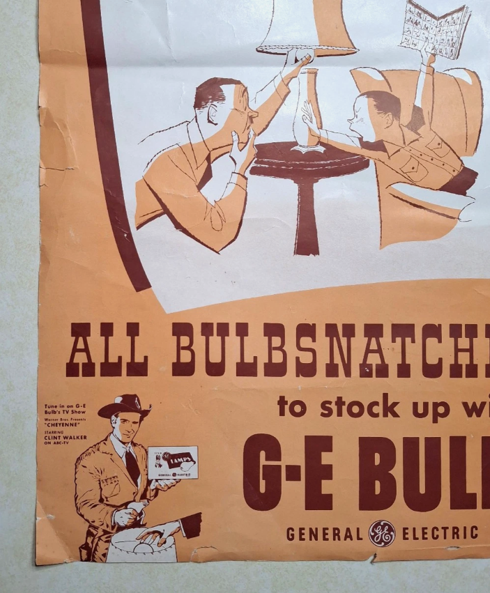 Vintage GE General Electric Light Bulb Poster Ad Clint Walker Cheyenne 1950s MCM