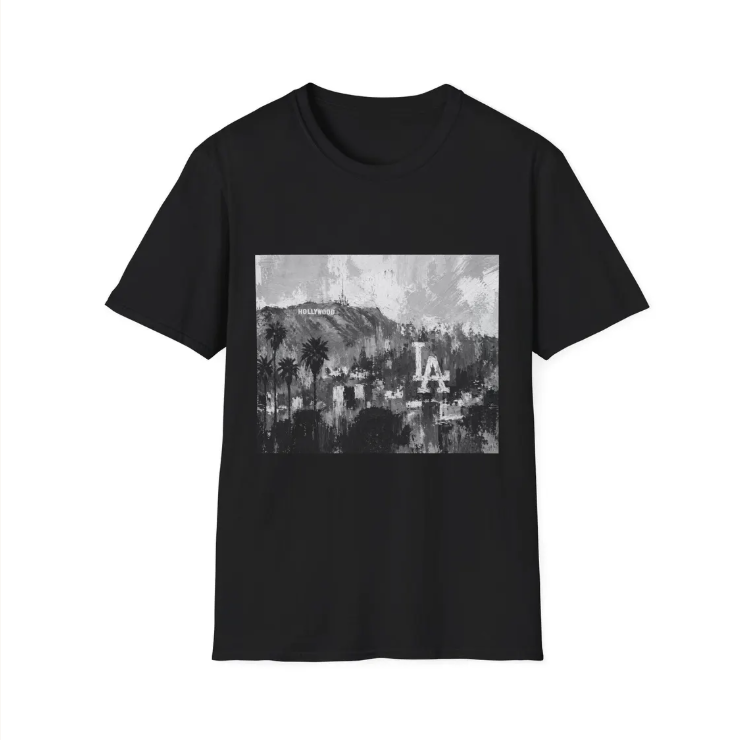 Los Angeles Dodgers Skyline Art T-Shirt Hollywood Sign Palm Trees Retro Cityscape Tee