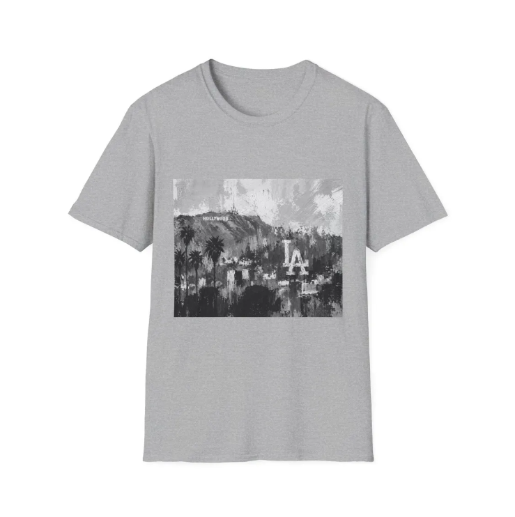 Los Angeles Dodgers Skyline Art T-Shirt Hollywood Sign Palm Trees Retro Cityscape Tee