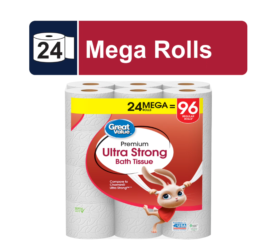 Great Value Ultra Strong 2-Ply Toilet Paper, 24 Mega Rolls, Compare to Charmin® Ultra Strong™