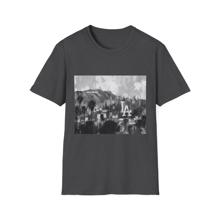 Los Angeles Dodgers Skyline Art T-Shirt Hollywood Sign Palm Trees Retro Cityscape Tee