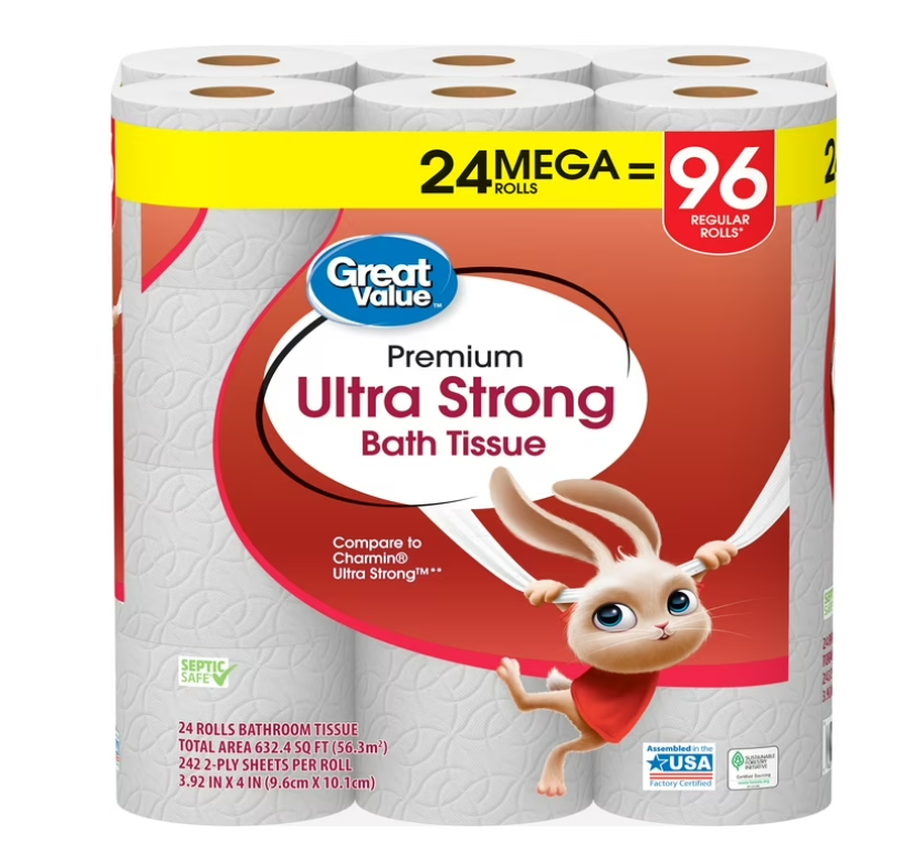Great Value Ultra Strong 2-Ply Toilet Paper, 24 Mega Rolls, Compare to Charmin® Ultra Strong™
