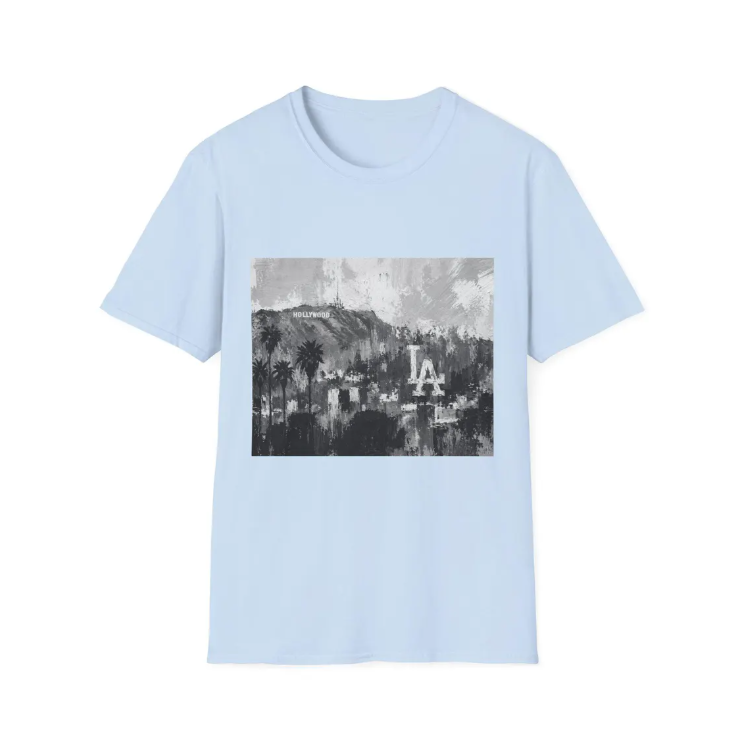 Los Angeles Dodgers Skyline Art T-Shirt Hollywood Sign Palm Trees Retro Cityscape Tee