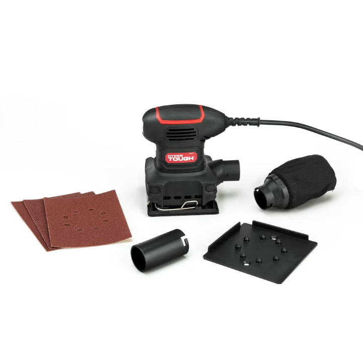 Hyper Tough 2 Amp Corded 1/4 Sheet Palm Sander with Dust Bag, Vacuum Hose Adapter, Punch Plate & 3 Sanding Sheets, New Condition