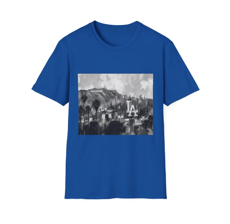 Los Angeles Dodgers Skyline Art T-Shirt Hollywood Sign Palm Trees Retro Cityscape Tee