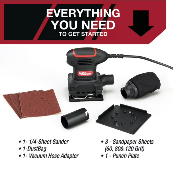Hyper Tough 2 Amp Corded 1/4 Sheet Palm Sander with Dust Bag, Vacuum Hose Adapter, Punch Plate & 3 Sanding Sheets, New Condition