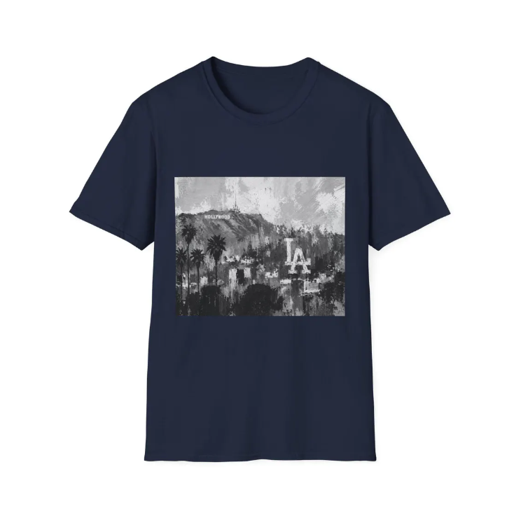 Los Angeles Dodgers Skyline Art T-Shirt Hollywood Sign Palm Trees Retro Cityscape Tee
