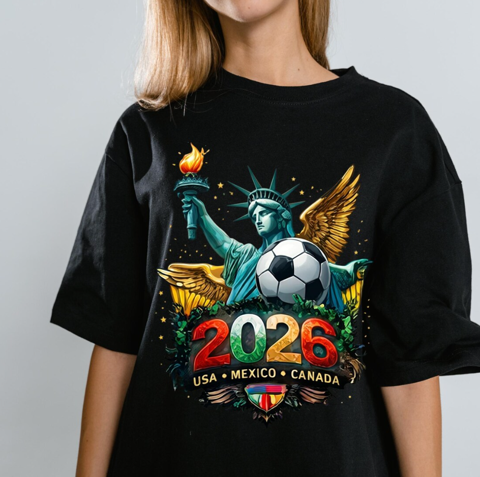 2026 World Cup Statue of Liberty Soccer T-Shirt | USA Mexico Canada Fan Apparel