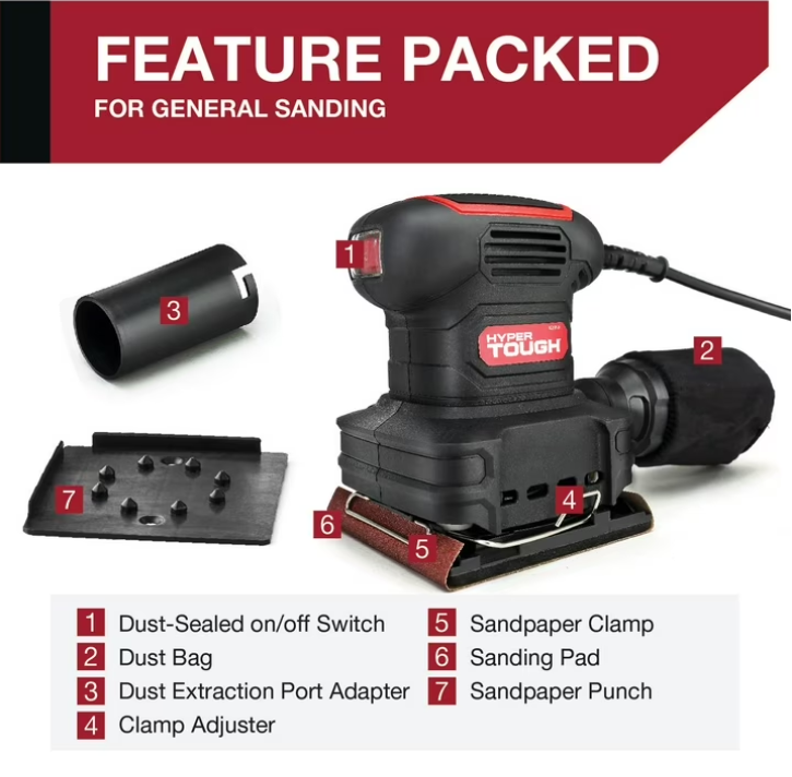 Hyper Tough 2 Amp Corded 1/4 Sheet Palm Sander with Dust Bag, Vacuum Hose Adapter, Punch Plate & 3 Sanding Sheets, New Condition