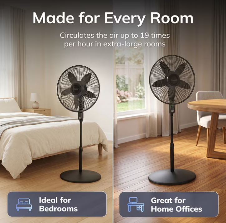 Lasko Cyclone Max 18" Oscillating Pedestal Fan with Remote, Adjustable Height and 4 Speeds for Whole Room Cooling, Black, S18605