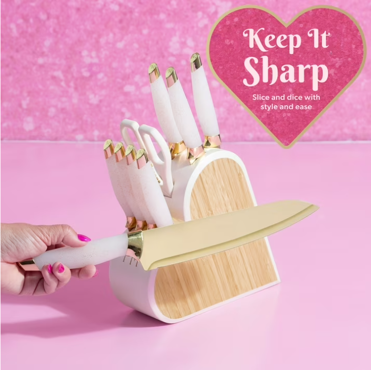 Paris Hilton Kitchen Knife Set with Heart-Shaped Block, 10-Piece Set, White Iridescent
