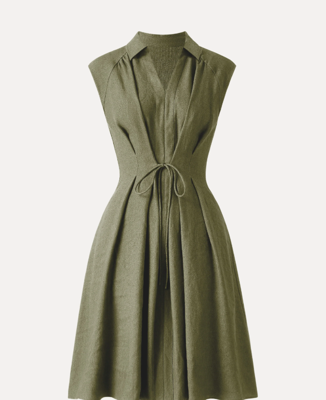 Viscose-Linen Collared V-neck Midi Dress with Drawstring