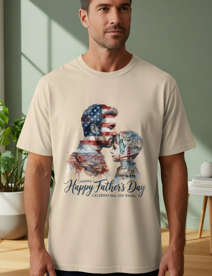 Patriotic Father's Day T-Shirt, USA Dad Gift, American Flag Watercolor Father Son Design, National Pride Apparel for Proud Fathers &