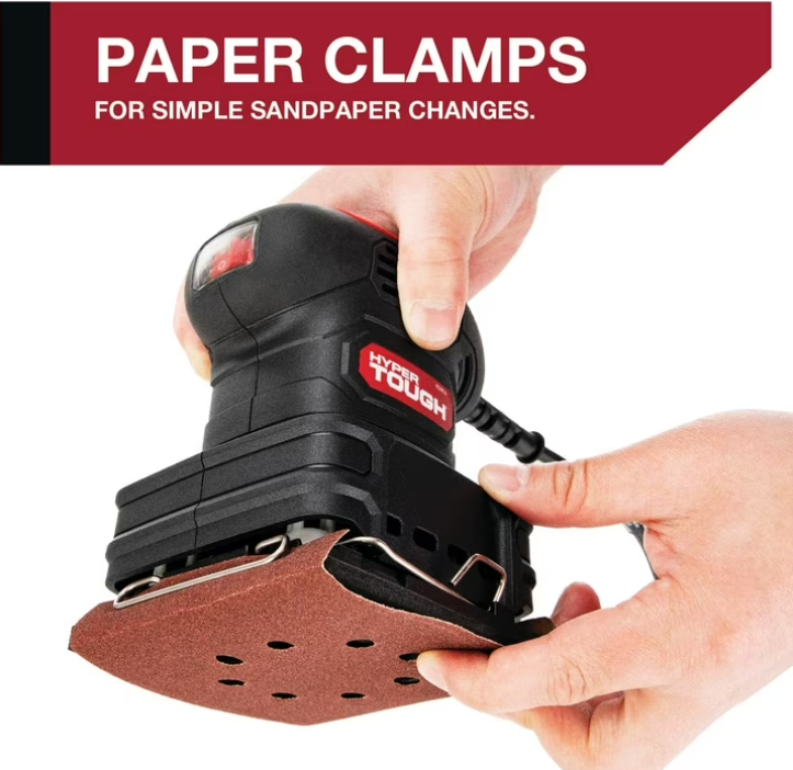 Hyper Tough 2 Amp Corded 1/4 Sheet Palm Sander with Dust Bag, Vacuum Hose Adapter, Punch Plate & 3 Sanding Sheets, New Condition