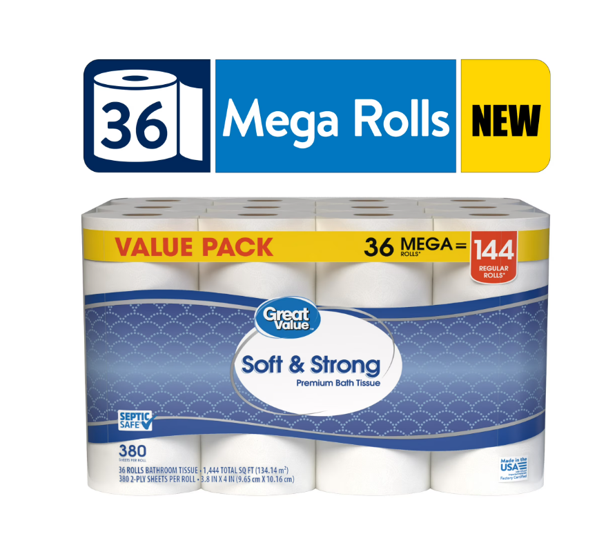 Great Value Soft & Strong Premium Toilet Paper, 36 Mega Rolls, 380 Sheets per Roll