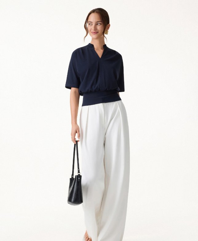 Stand Collar V-Neck Short Sleeve Top