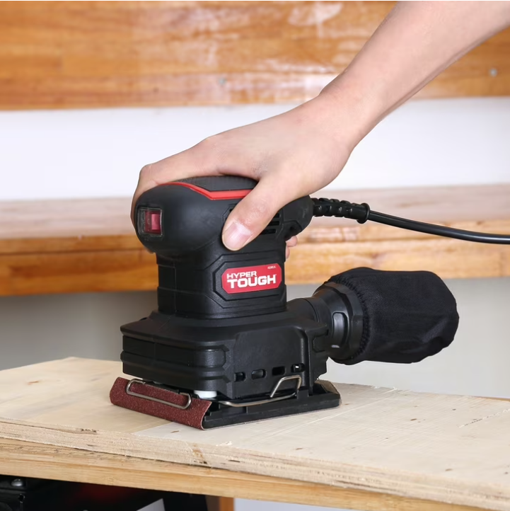 Hyper Tough 2 Amp Corded 1/4 Sheet Palm Sander with Dust Bag, Vacuum Hose Adapter, Punch Plate & 3 Sanding Sheets, New Condition
