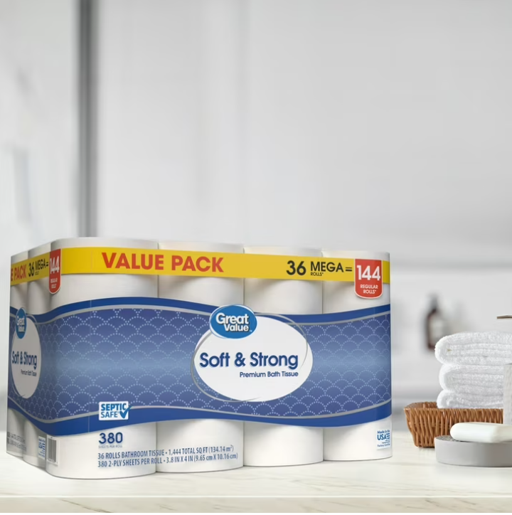 Great Value Soft & Strong Premium Toilet Paper, 36 Mega Rolls, 380 Sheets per Roll
