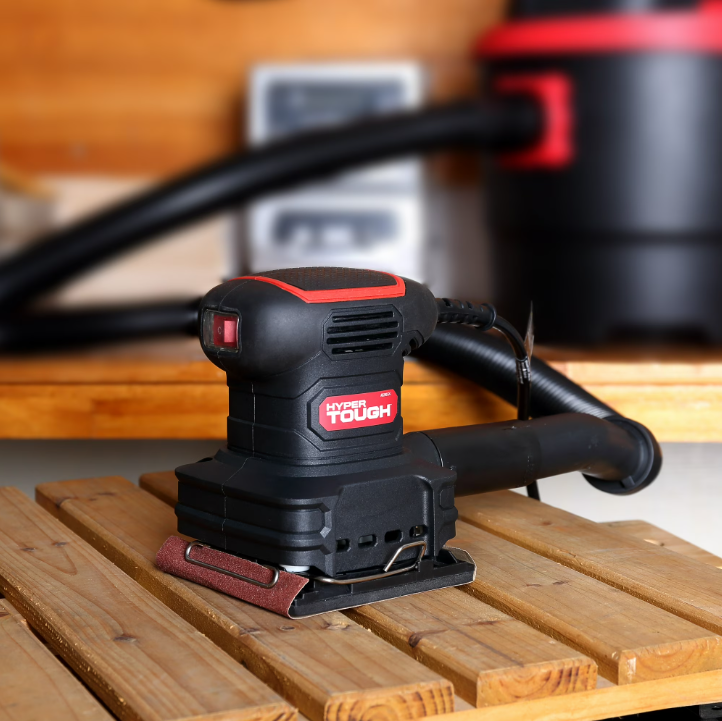Hyper Tough 2 Amp Corded 1/4 Sheet Palm Sander with Dust Bag, Vacuum Hose Adapter, Punch Plate & 3 Sanding Sheets, New Condition
