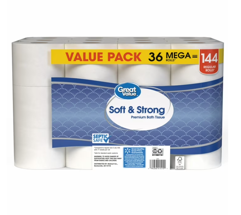 Great Value Soft & Strong Premium Toilet Paper, 36 Mega Rolls, 380 Sheets per Roll