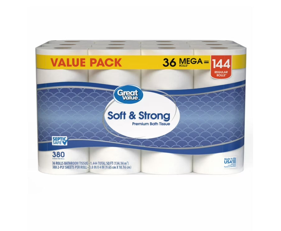 Great Value Soft & Strong Premium Toilet Paper, 36 Mega Rolls, 380 Sheets per Roll