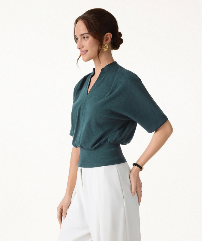 Stand Collar V-Neck Short Sleeve Top