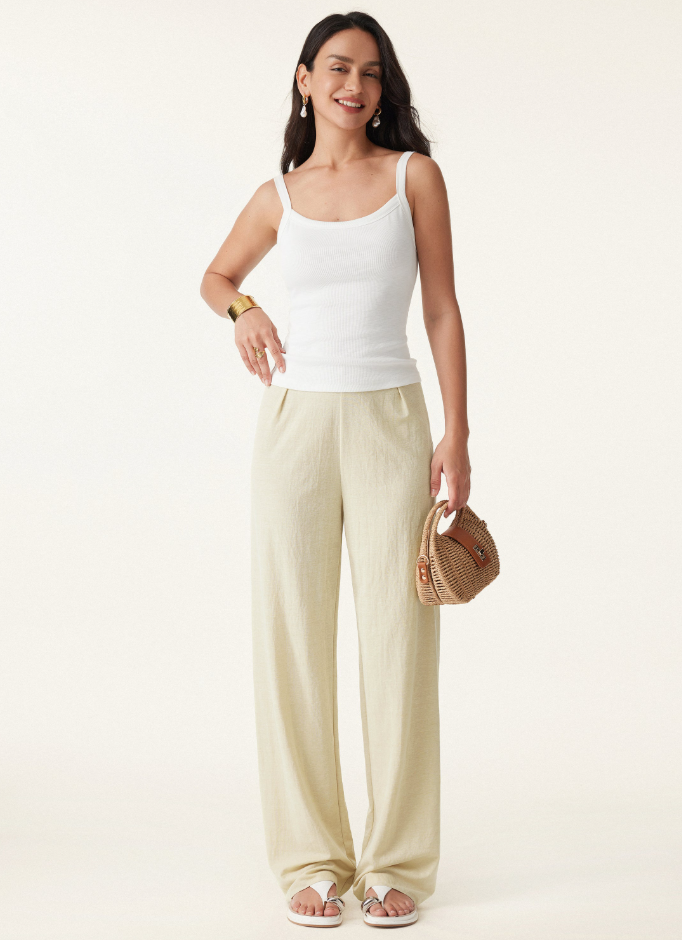 Wrinkle-resistant Cotton-linen Mid Rise Straight Leg Pant