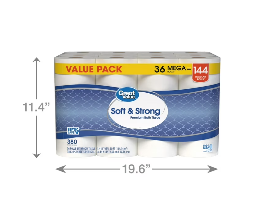 Great Value Soft & Strong Premium Toilet Paper, 36 Mega Rolls, 380 Sheets per Roll