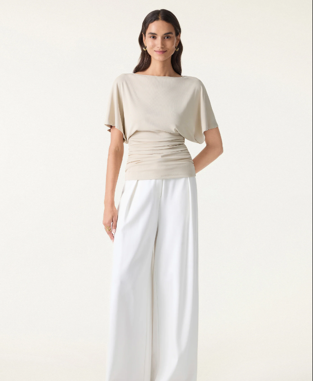 Effortless Boatneck Batwing Sleeve Side Ruched Top