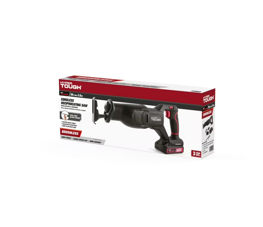 Hyper Tough 20V Brushless Reciprocating Saw, with 2.0Ah Battery Pack and Standard Charger, 43010.1
