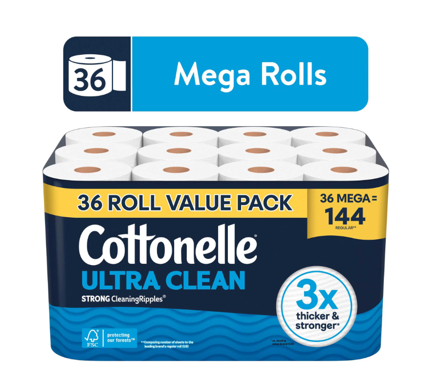 Cottonelle Ultra Clean Toilet Paper, Strong Toilet Tissue, 36 Mega Rolls