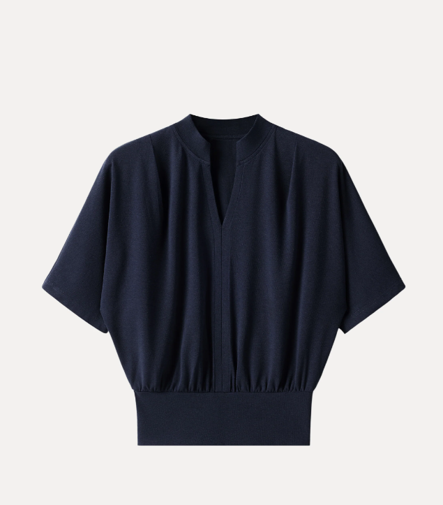 Stand Collar V-Neck Short Sleeve Top