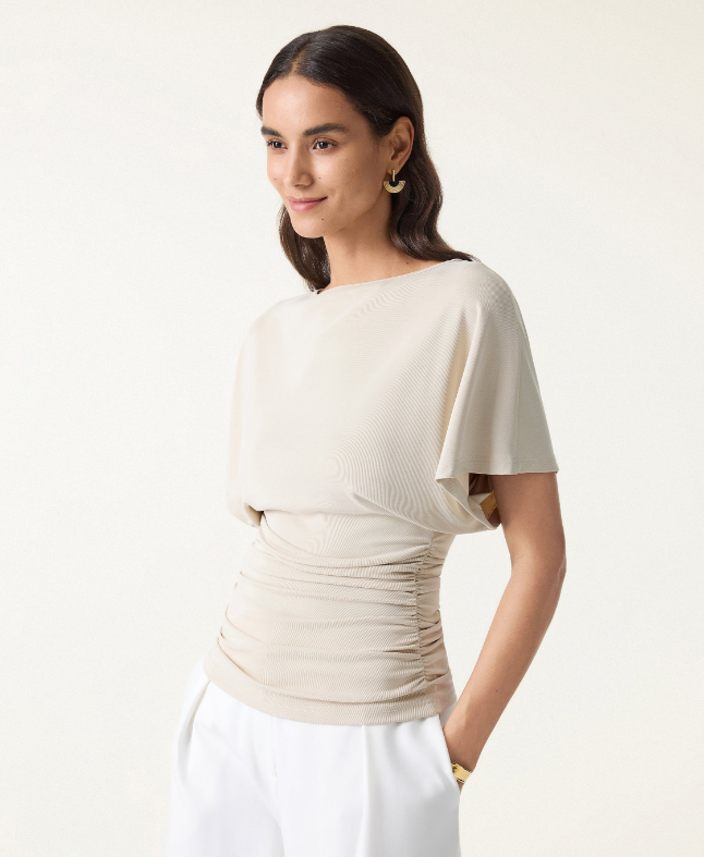 Effortless Boatneck Batwing Sleeve Side Ruched Top