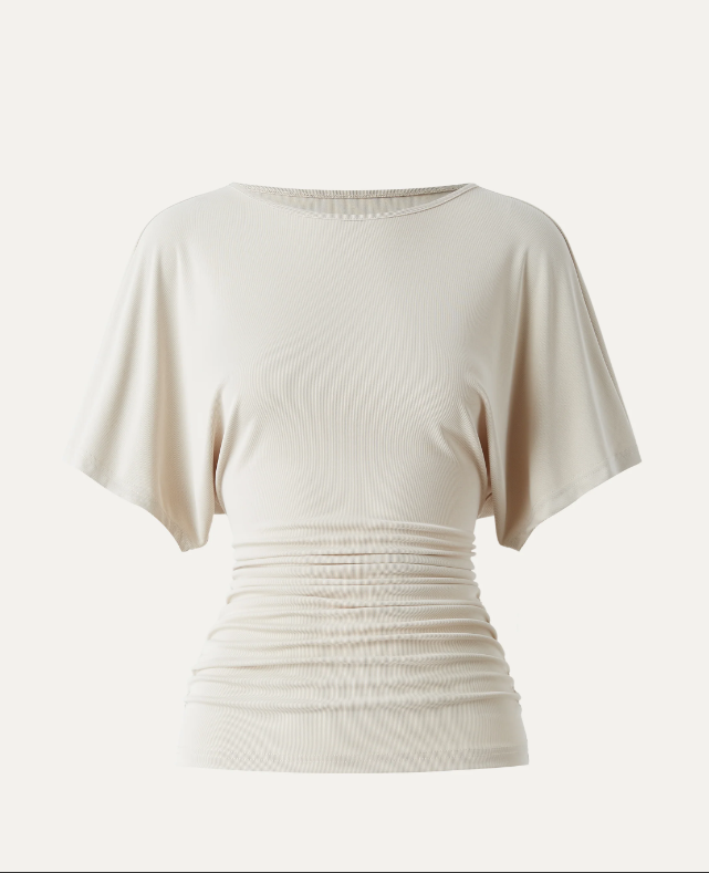 Effortless Boatneck Batwing Sleeve Side Ruched Top