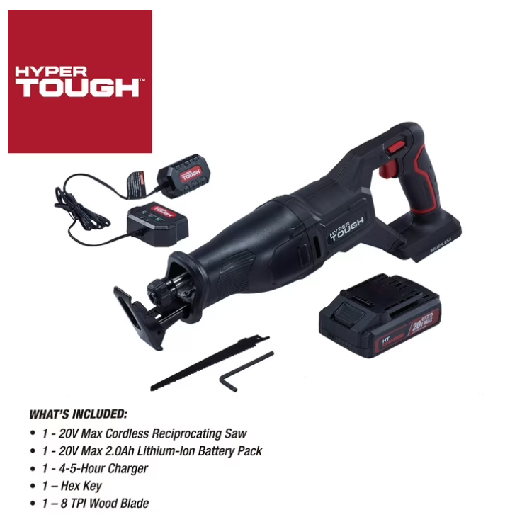 Hyper Tough 20V Brushless Reciprocating Saw, with 2.0Ah Battery Pack and Standard Charger, 43010.1