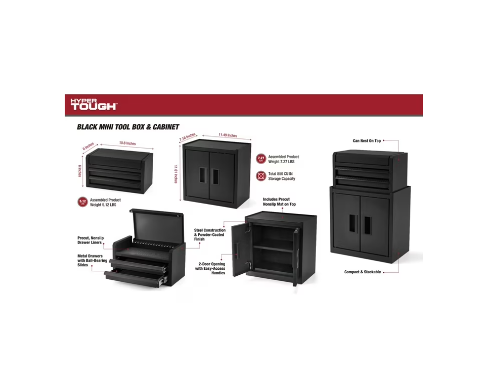 Hyper Tough Mini Tool Cabinet – 11.6-Inch Steel Storage Cabinet, Black, Double Doors & Non-Slip Top Mat