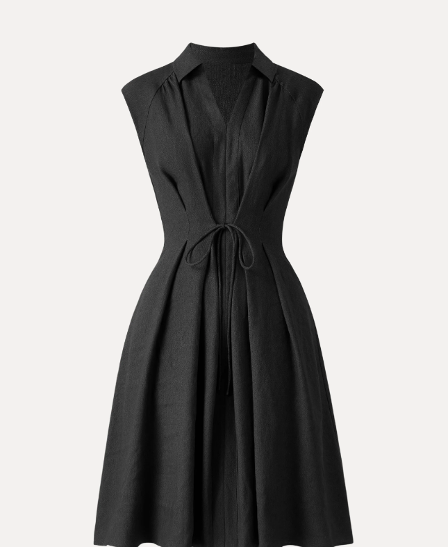 Viscose-Linen Collared V-neck Midi Dress with Drawstring