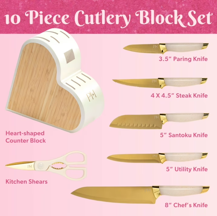 Paris Hilton Kitchen Knife Set with Heart-Shaped Block, 10-Piece Set, White Iridescent