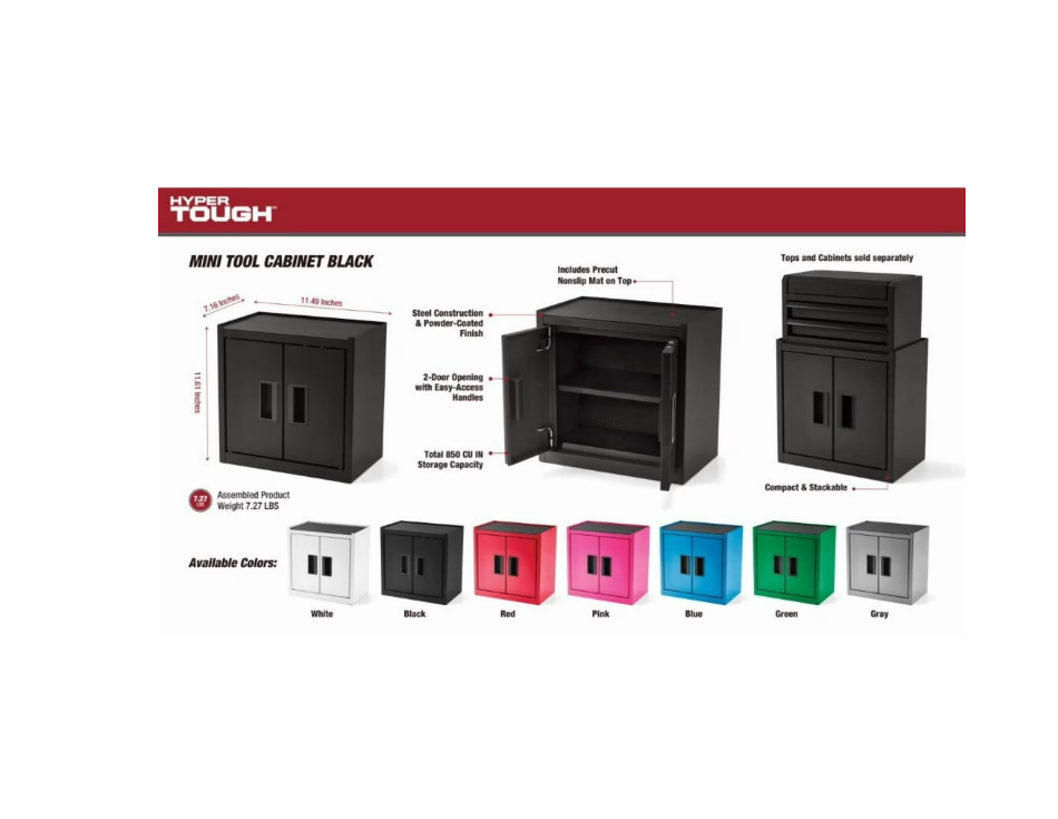 Hyper Tough Mini Tool Cabinet – 11.6-Inch Steel Storage Cabinet, Black, Double Doors & Non-Slip Top Mat